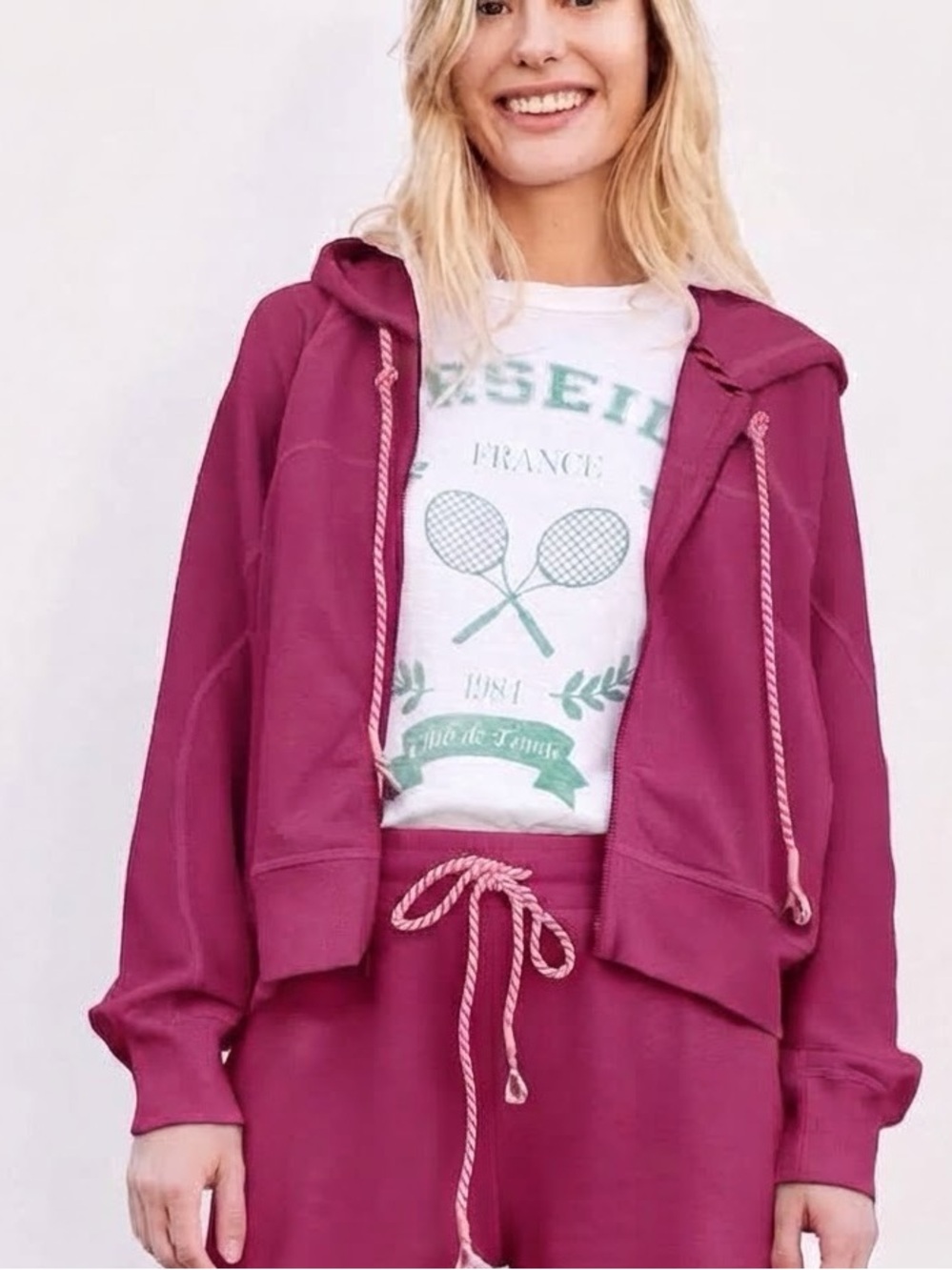 Sundry Raspberry Zip Hoodie with Drawstring